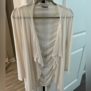 Cupio White Draped Open Front Shrug with scalloped back, size XL.